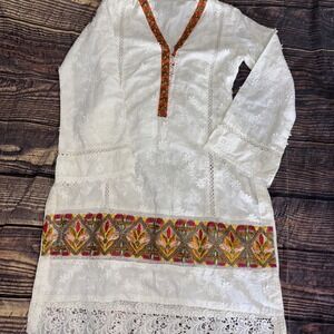 White Eyelet Floral Embroidered Kaftan open side coverup dress Handmade Small